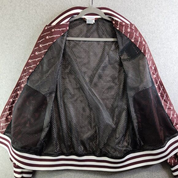 Champion Jacket Mens L Brown Allover Script Satin Baseball Mesh Lined Varsity - Picture 7 of 15